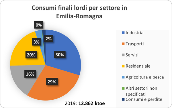 Grafico dei consumi finali lordi per settore in Emilia-Romagna: Industria 30%, Trasporti 29%, Servizi 16%, Residenziale 20%, Agricoltura e pesca 3%, Altri settori non specificati 0% Consumi e perdite 2%